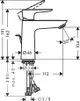 Hansgrohe Einhebel-Waschtischmischer mit zwei Anschlussleitungen, Hebel zum Regulieren des Wasserflusses und integriertem Ablaufmechanismus, skizziert mit Maßangaben.